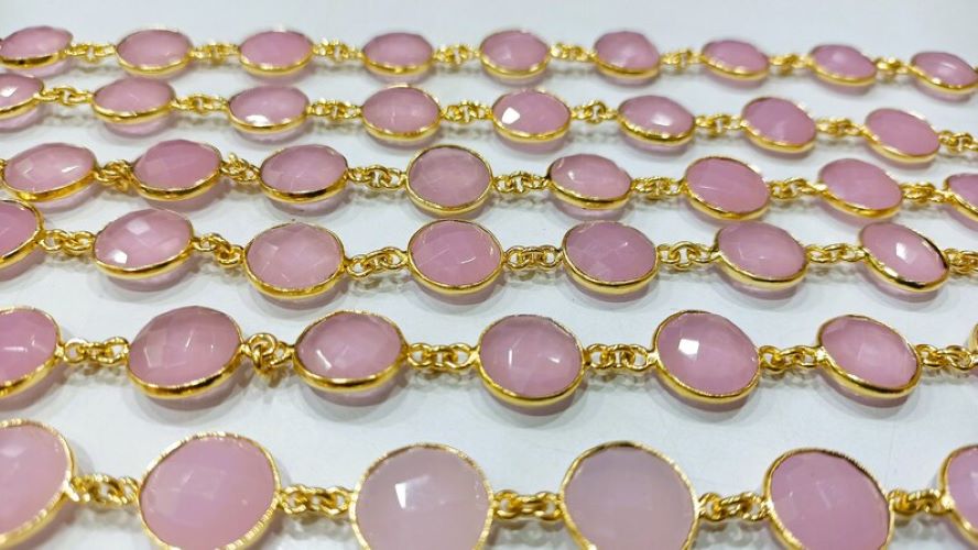 Natural Pink Chalcedony Briolette Coin Shape 12mm Bezel connector chain