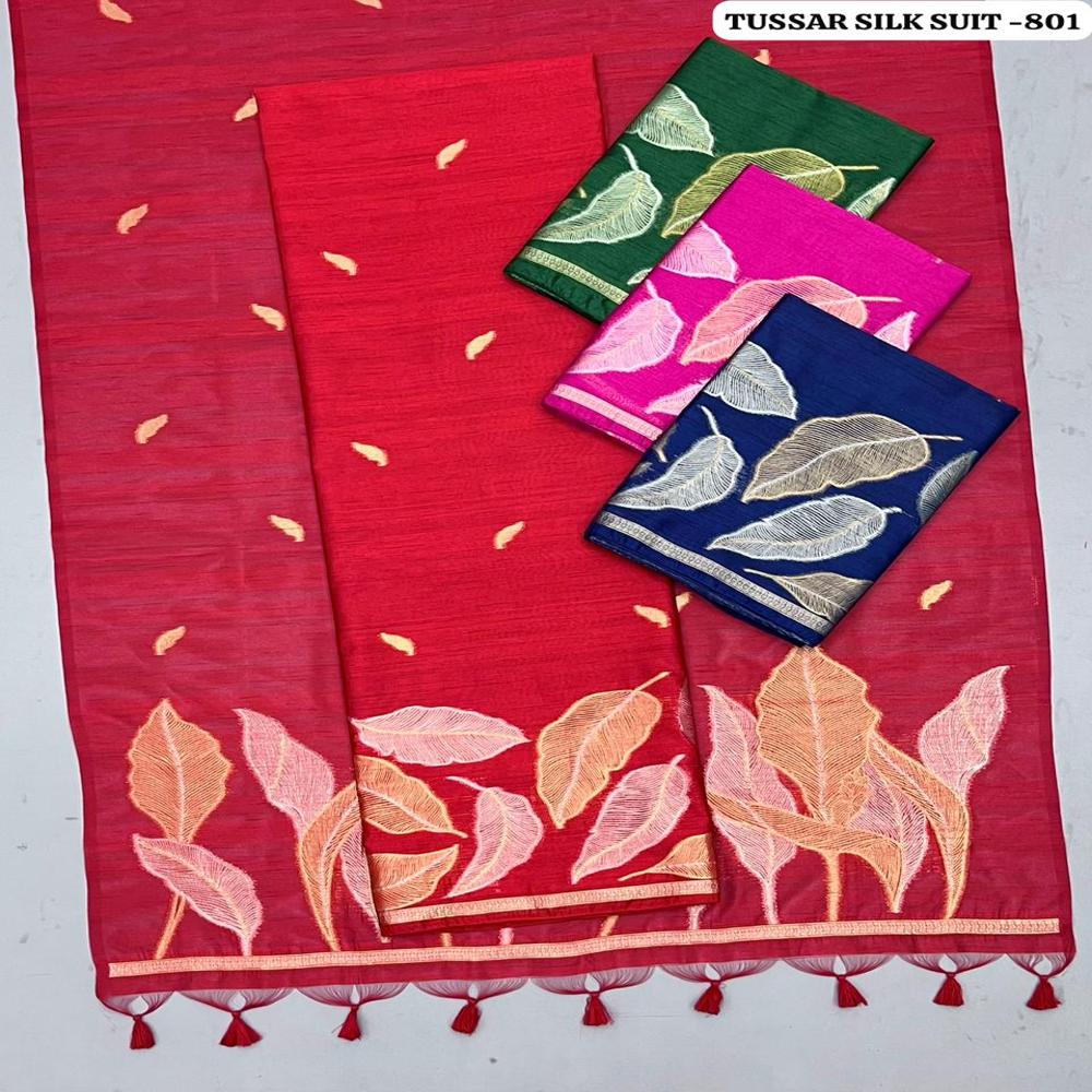 Premium Tussar Silk Zari Weaving 3 Piece Unstitched Suit - Color: Navy Blue