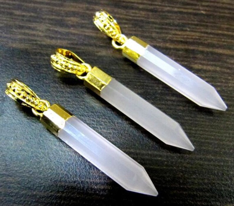 Natural Rose Quartz Pencil Shape Pointed Charms, 30To40mm Gold Electroplated Pendant