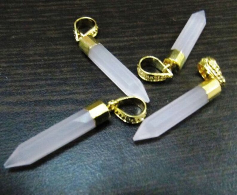 Natural Rose Quartz Pencil Shape Pointed Charms, 30To40mm Gold Electroplated Pendant