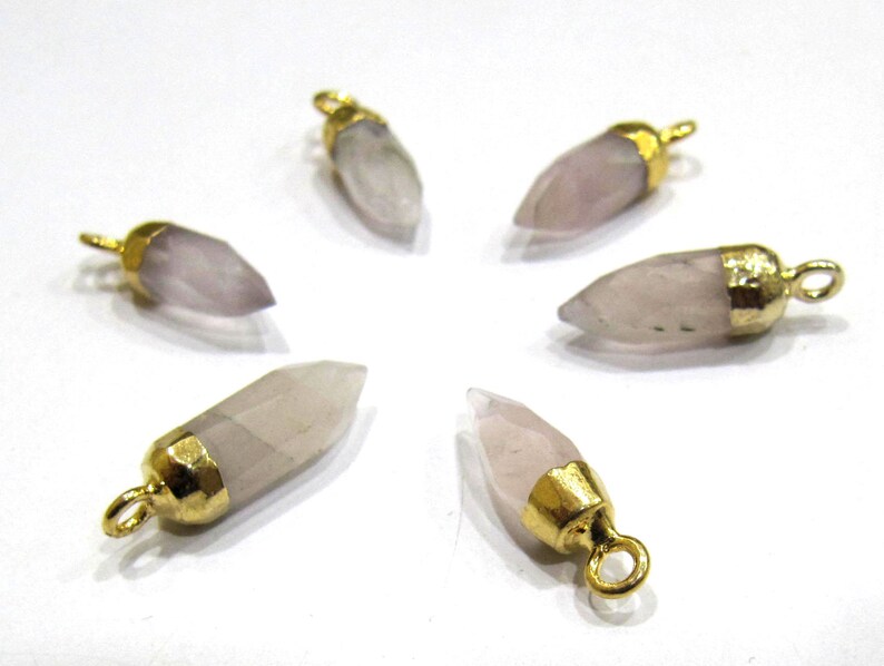 2 piece Natural Rose Quartz Tiny Bullet Charm Pointer Pendant Single Loop Connector Charm Gold 0.5 inch long