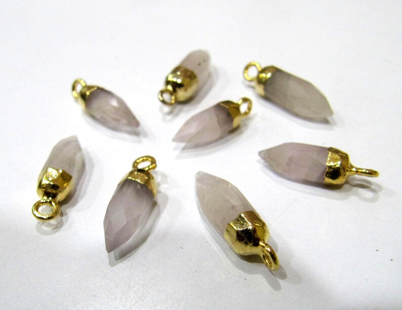 2 piece Natural Rose Quartz Tiny Bullet Charm Pointer Pendant Single Loop Connector Charm Gold 0.5 inch long