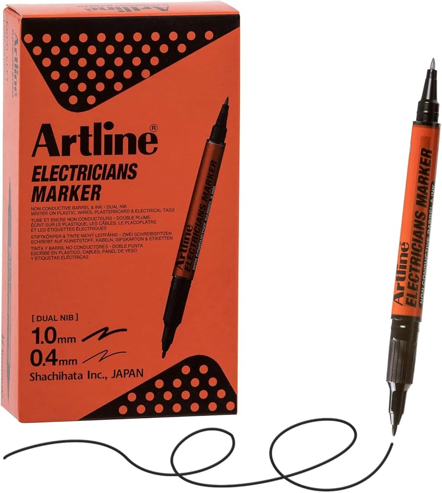 Artline Electrician Permanent Mark - Plastic Barrel, Standard Size, Black | Water Resistant, Quick Drying, Xylene-free, Uv Resistant Ink