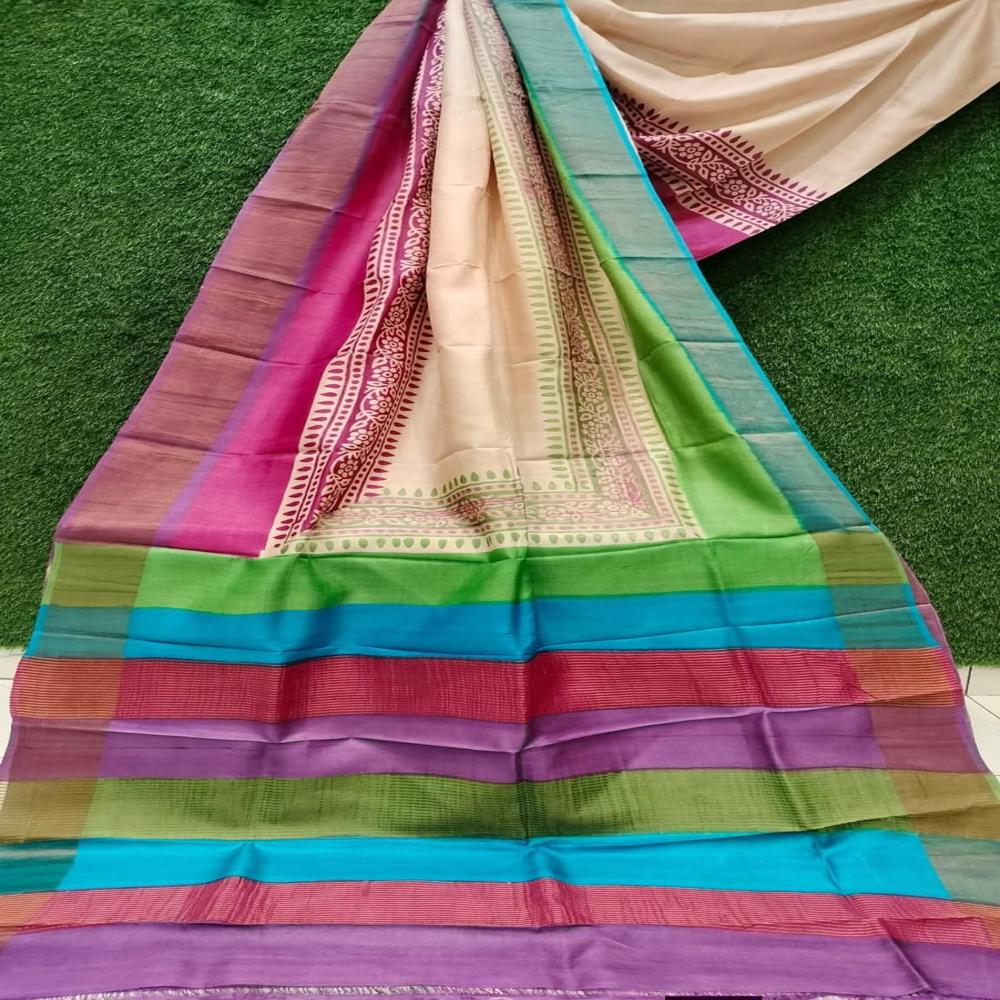 Exclusive Block Printed zari tussar Sarees