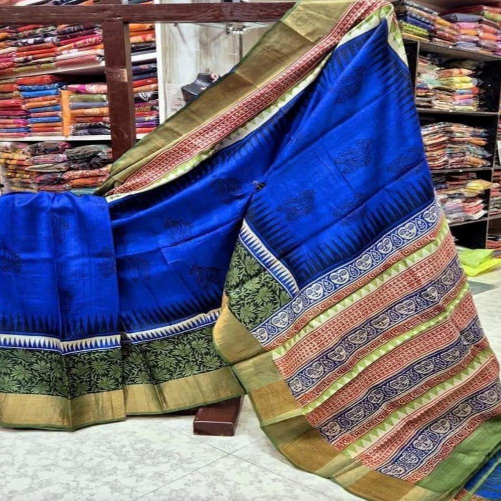 Exclusive Block Printed zari tussar Sarees