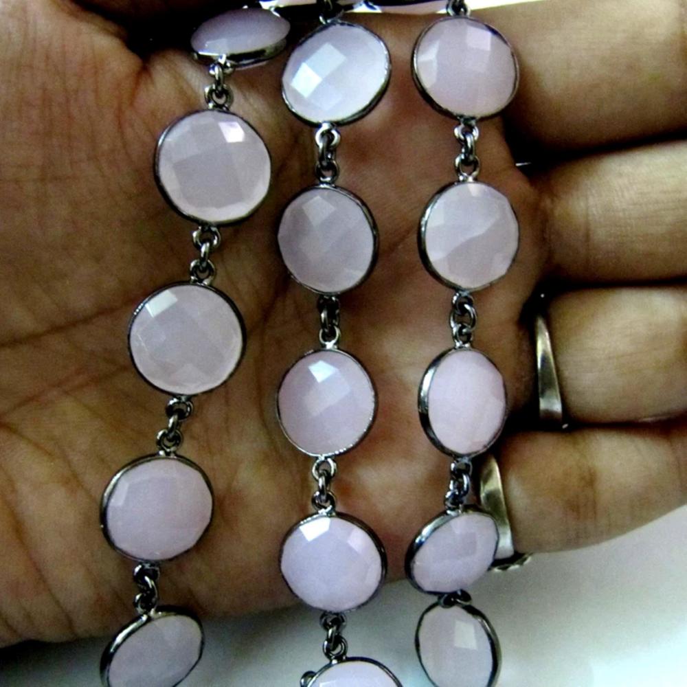 Natural Rose Quartz Coin Shape Briolette Faceted Bezel Connector Chain Sold Per Foot