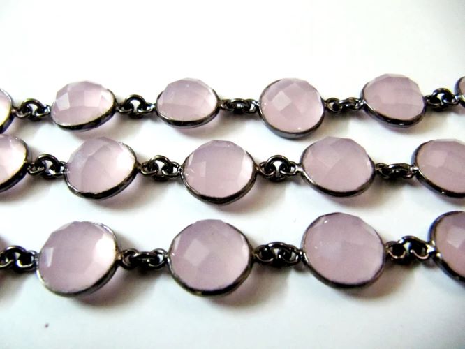 Natural Rose Quartz Coin Shape Briolette Faceted Bezel Connector Chain Sold Per Foot