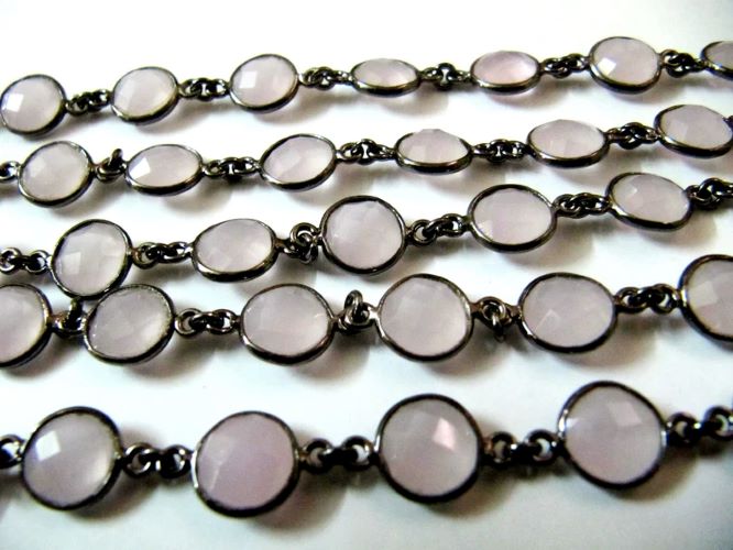 Natural Rose Quartz Coin Shape Briolette Faceted Bezel Connector Chain Sold Per Foot