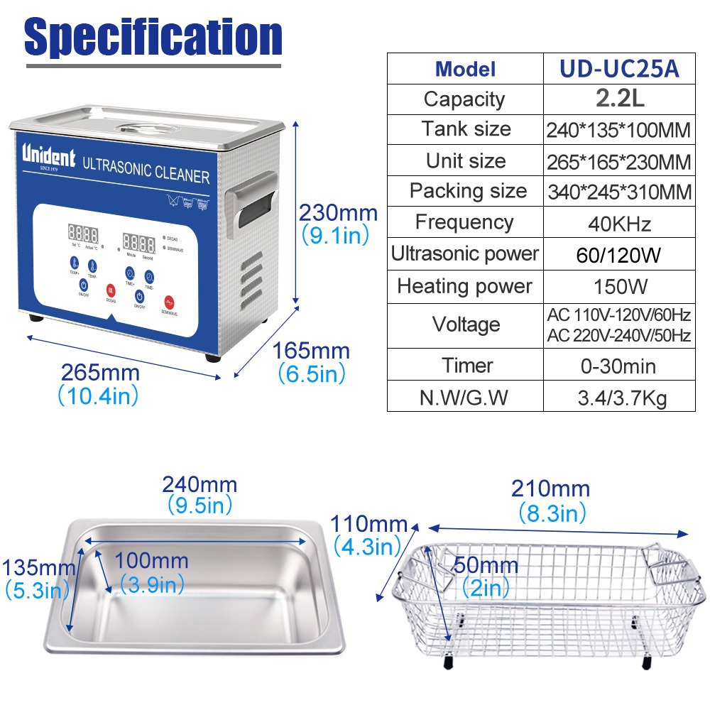 Unident Ultrasonic Cleaner - Capacity: 2.2 Ltr