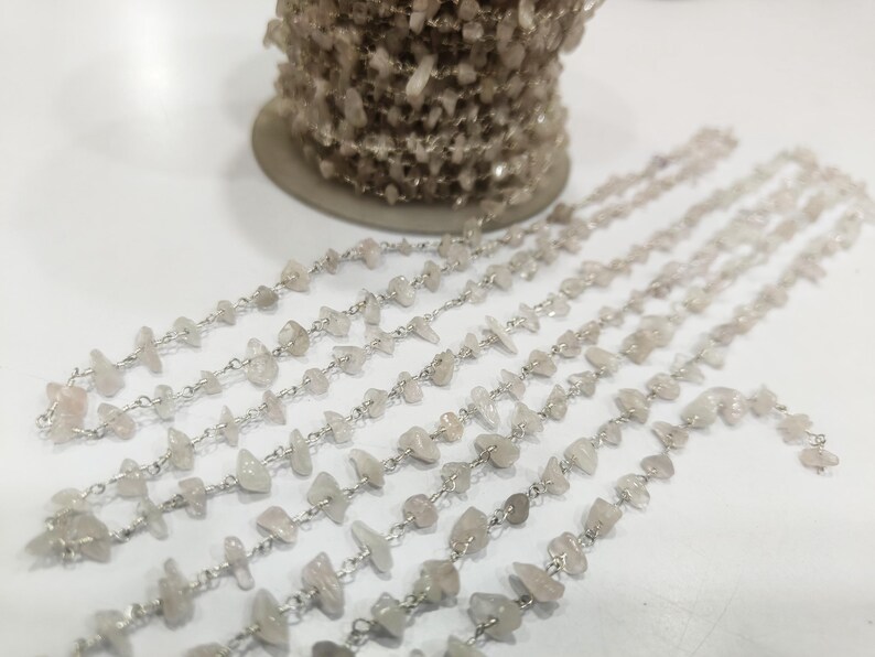 Natural Rose quartz Wire Wrapped Rosary Chain Rose Quartz Nugget Chip Uncut Beads Rosary Chain 