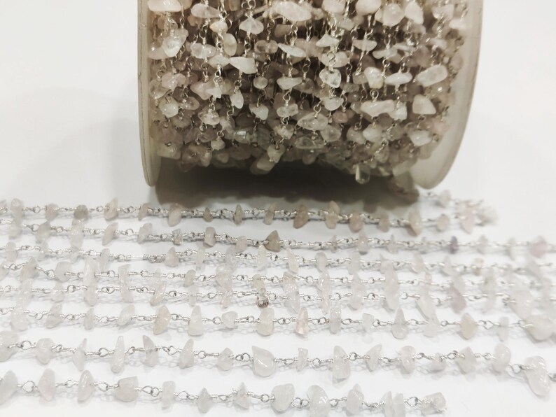 Natural Rose quartz Wire Wrapped Rosary Chain Rose Quartz Nugget Chip Uncut Beads Rosary Chain