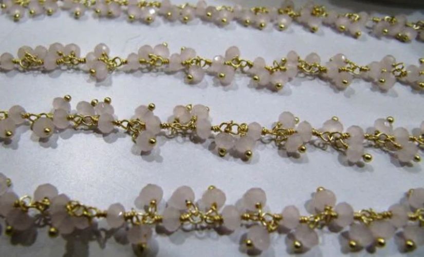 Rose Quartz Dangling Chain Rondelle Faceted Beaded Cluster Chain 3mm Size Hydro Quartz Bead Chain