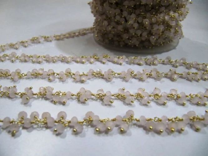 Rose Quartz Dangling Chain Rondelle Faceted Beaded Cluster Chain 3mm Size Hydro Quartz Bead Chain