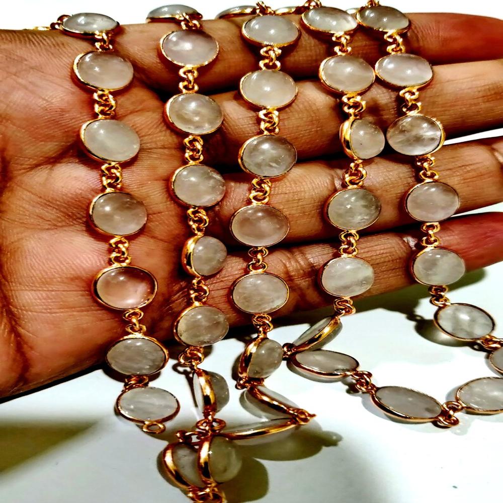 Natural Rose Quartz Oval Shape Cabochon Plain smooth Bezel 8X10mm to 9X12mm Connector Chain