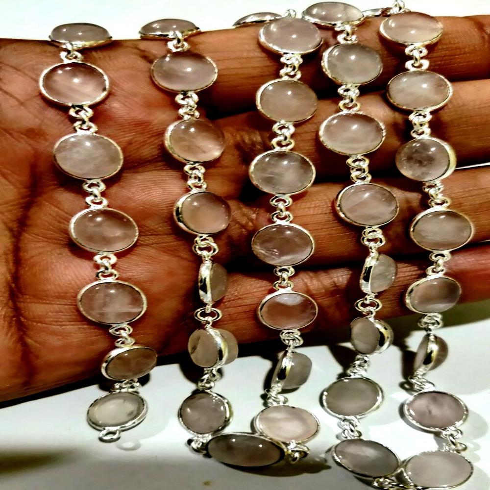 Natural Rose Quartz Oval Shape Cabochon Plain smooth Bezel 8X10mm to 9X12mm Connector Chain
