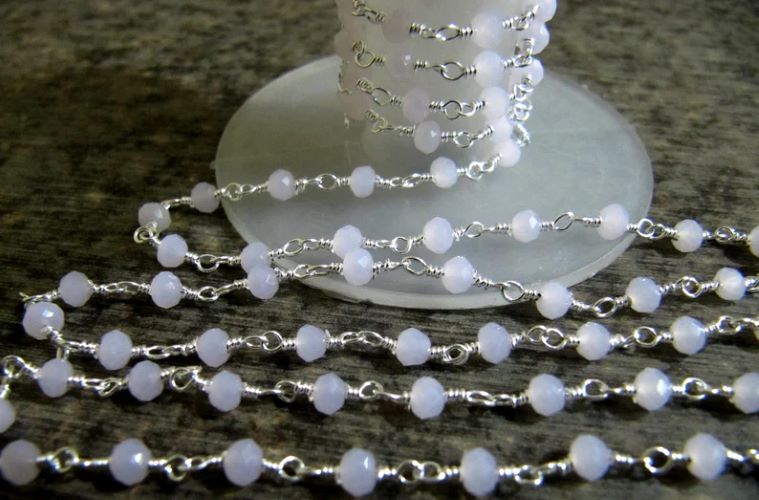 3 Feet -Rose Quartz Rondelle Faceted 3-4mm Beaded Wire Wrapped Rosary Chain