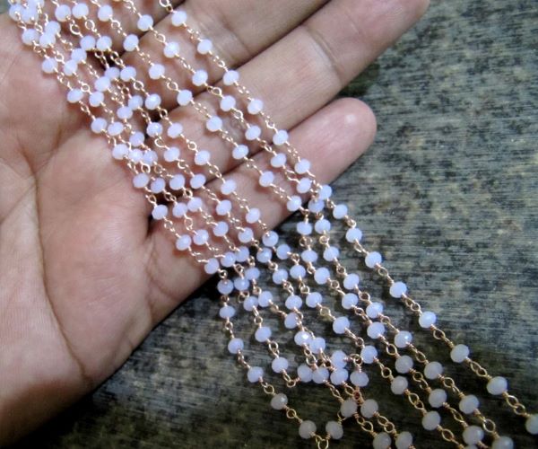 3 Feet -Rose Quartz Rondelle Faceted 3-4mm Beaded Wire Wrapped Rosary Chain