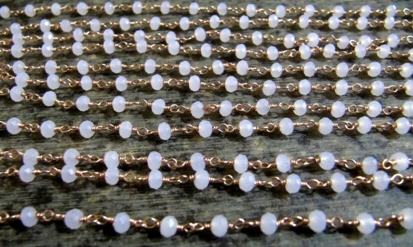 3 Feet -Rose Quartz Rondelle Faceted 3-4mm Beaded Wire Wrapped Rosary Chain
