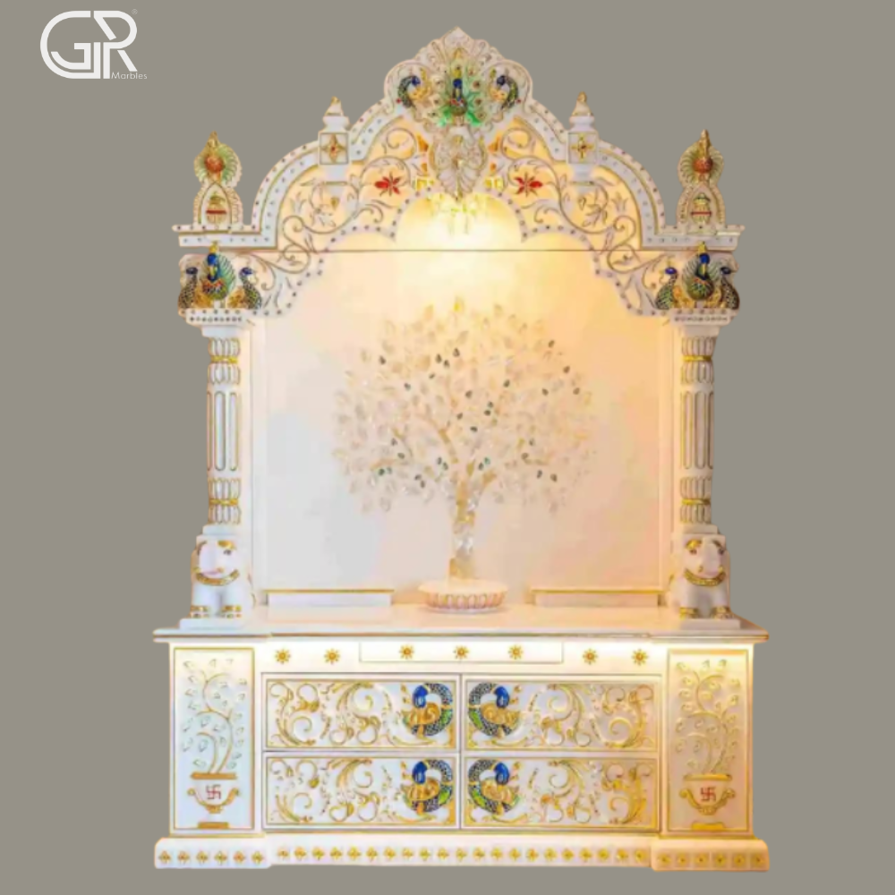 Painted White Marble Pooja Mandir