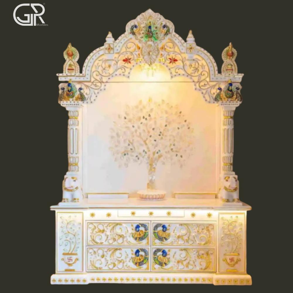 Painted White Marble Pooja Mandir