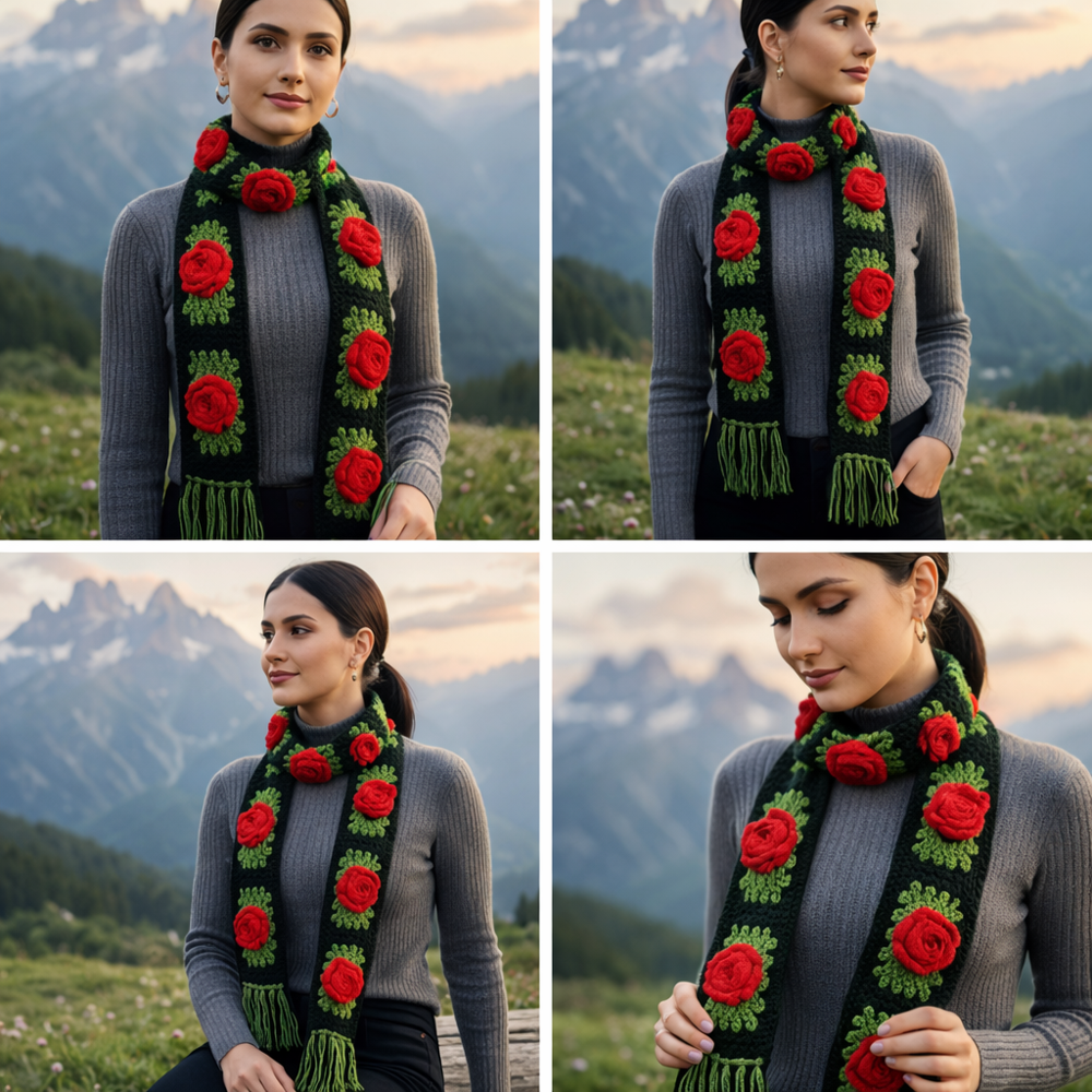 Ladies Red Rose Scarf - Fur Type: No Fur