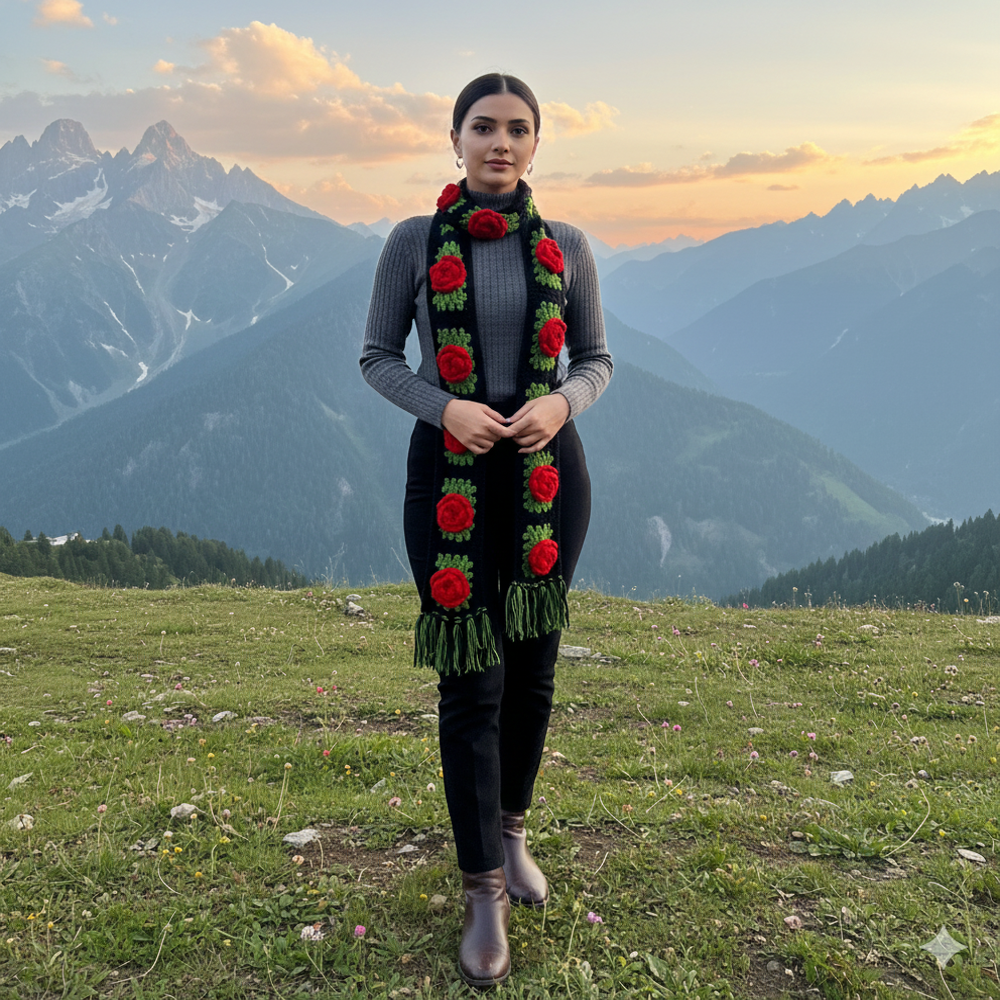 Ladies Red Rose Scarf - Fur Type: No Fur