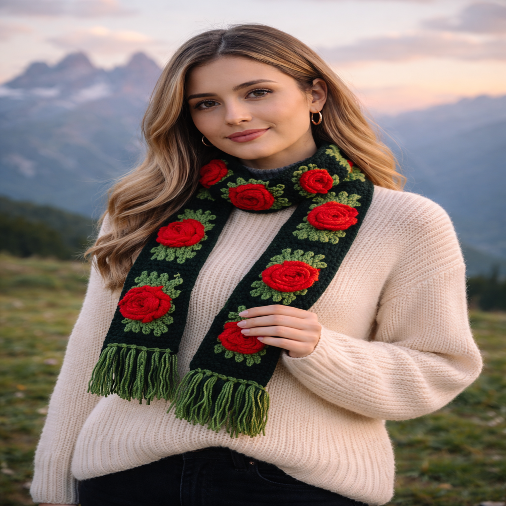 Ladies Red Rose Scarf - Fur Type: No Fur