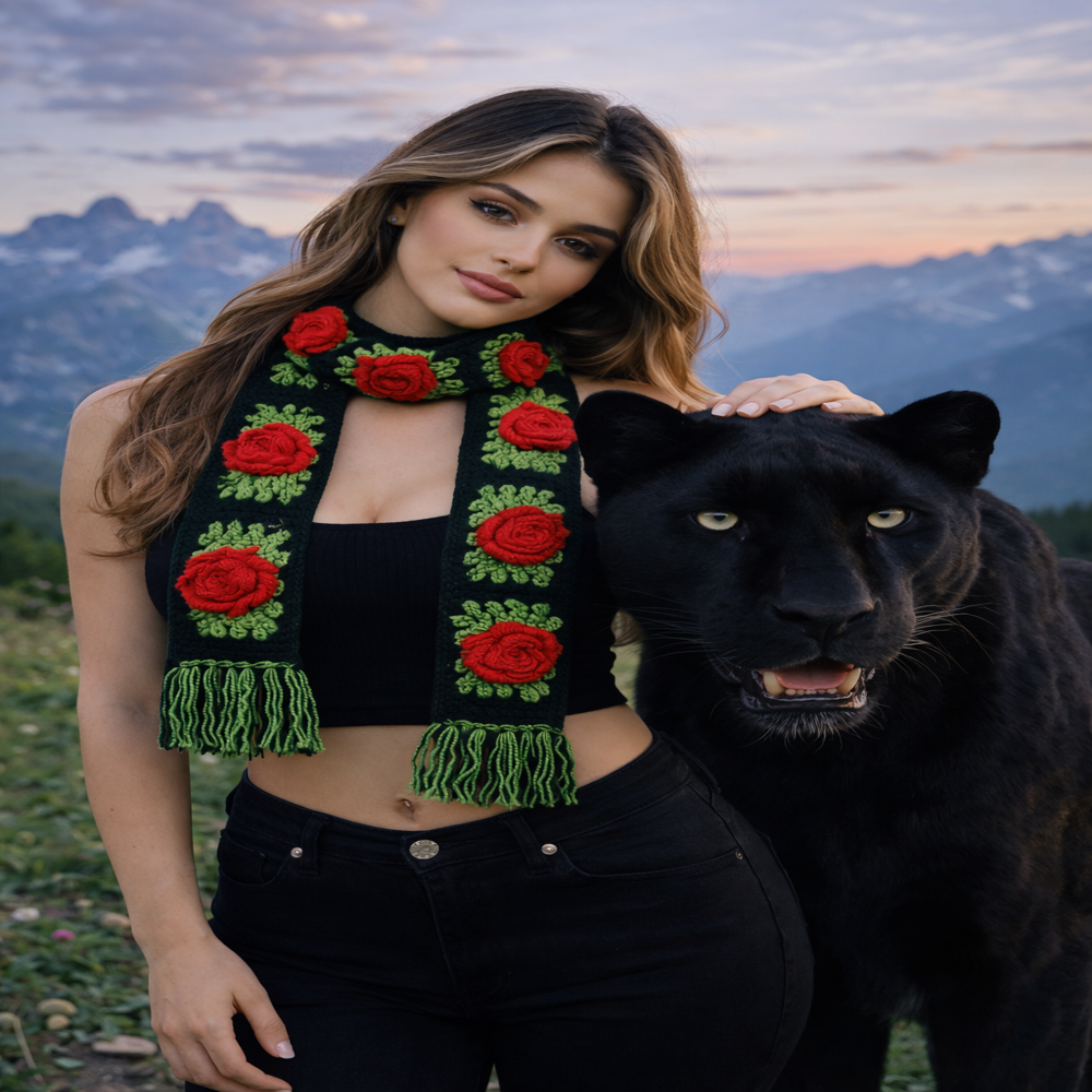 Ladies Red Rose Scarf - Fur Type: No Fur