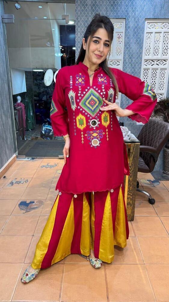 Red Kurti with Yellow Sharara Set