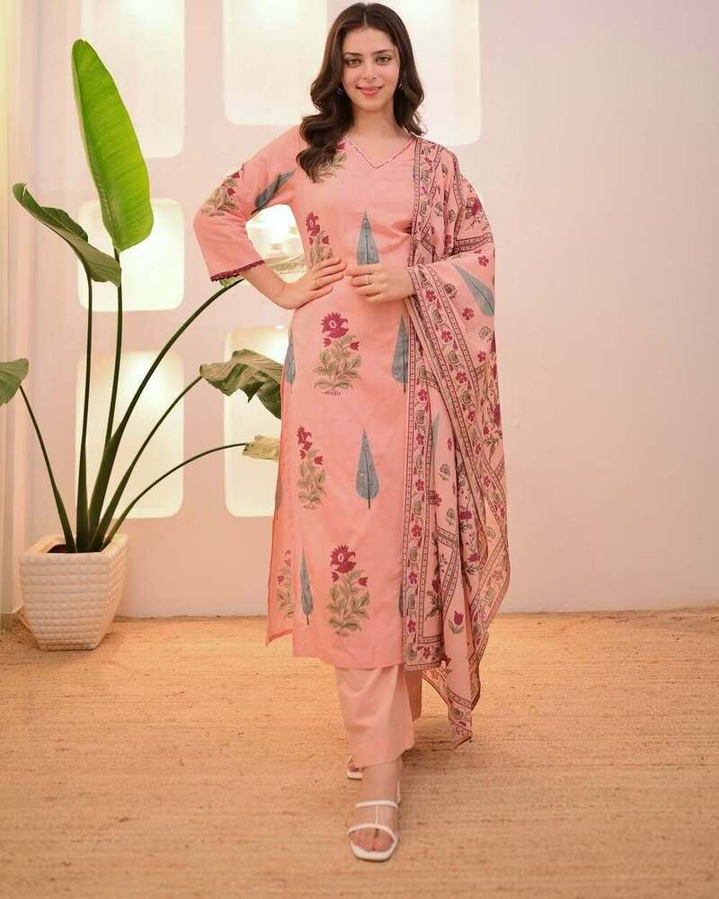 Peach Printed Kurti Set with Dupatta