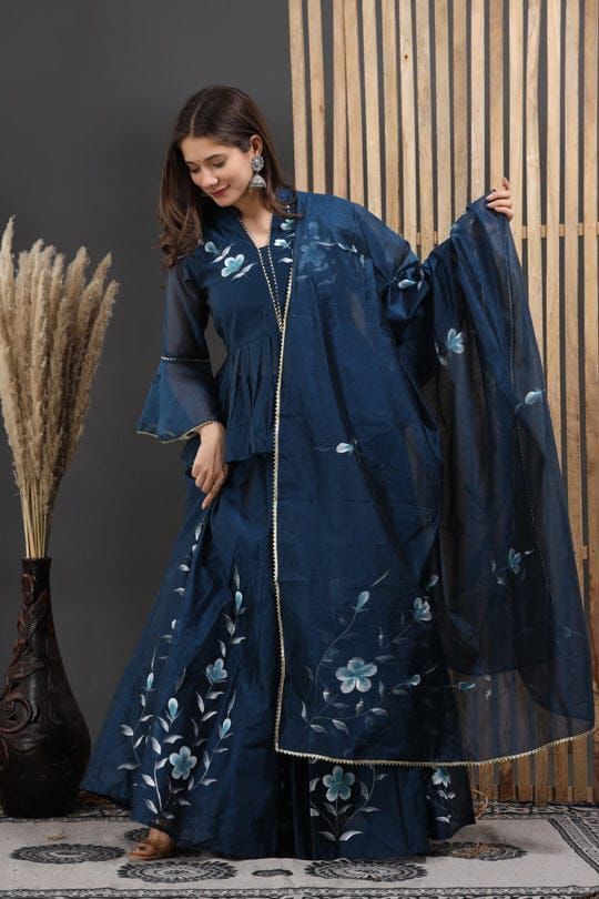 Navy Blue Floral Kurti Set