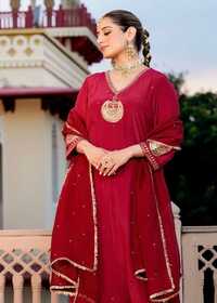 Red Embroidered Kurti Set - Cotton Blend, Knee Length, Red | Thread Embroidery, Fully Stitched, Breathable