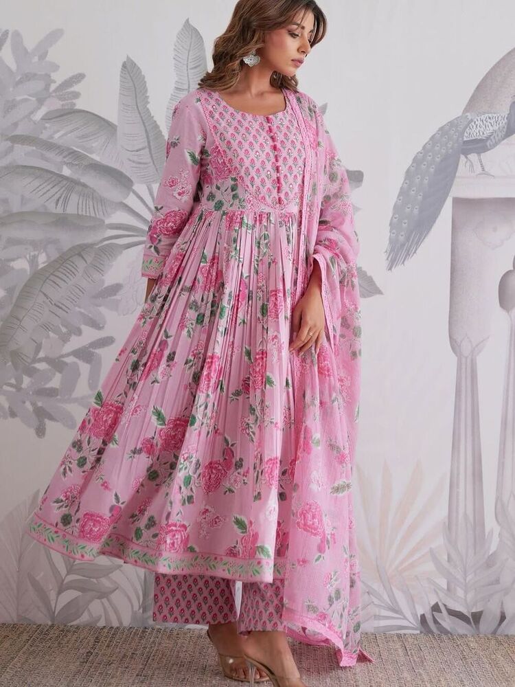 Pink Floral Anarkali Kurti Set