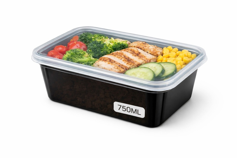 750 ML Rectangle Black PP Containers With Lid