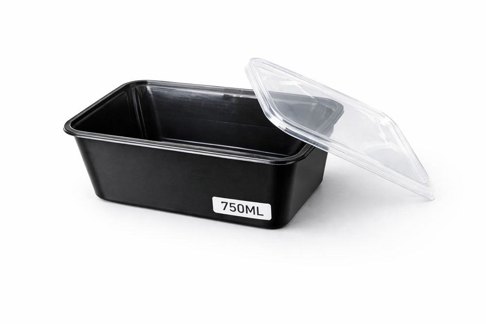 750 ML Rectangle Black PP Containers With Lid