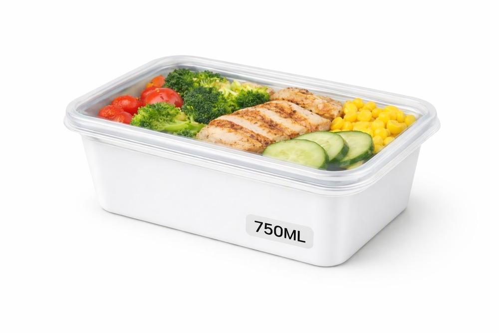 750 ML Rectangle White PP Containers With Lid