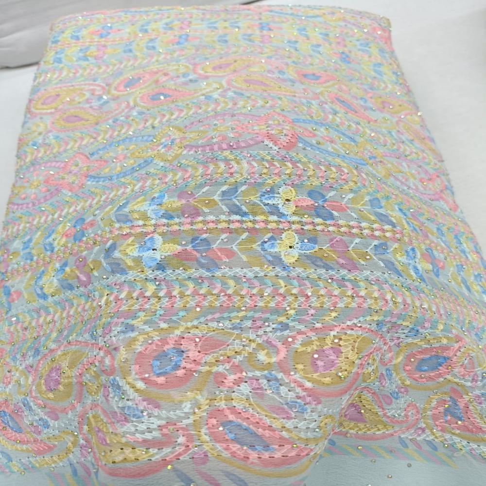 Georgette Multi Colours Schiffli  Work Fabric