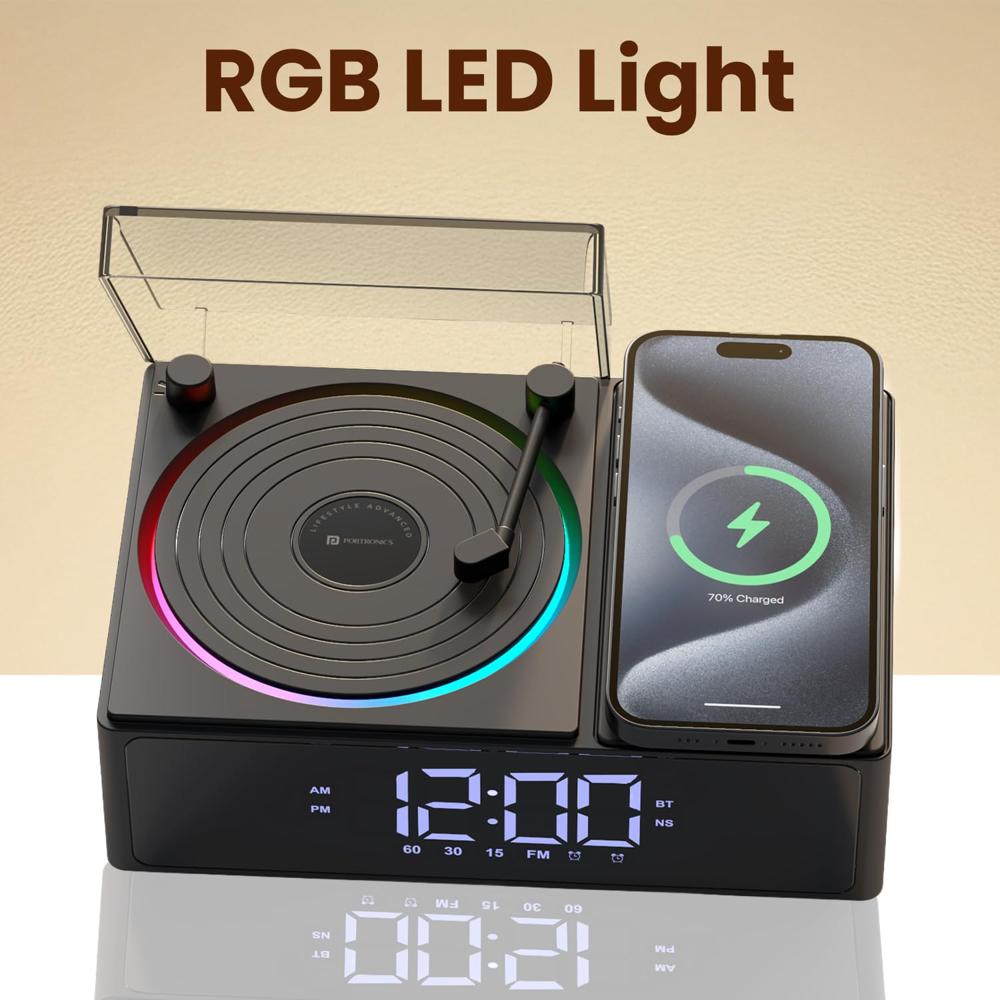 Portronics Soundflow 5W HD Sound Retro Design Bluetooth Speaker,15W Wireless Charging,Digital Clock with Alarm Setting,RGB LED Lights,Built-in White Noise, USB-A/SD Card/AUX in, Type C Charging(Black)