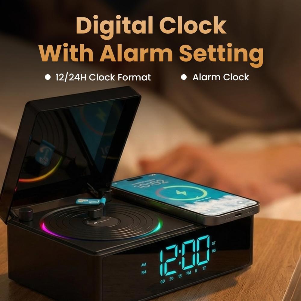 Portronics Soundflow 5W HD Sound Retro Design Bluetooth Speaker,15W Wireless Charging,Digital Clock with Alarm Setting,RGB LED Lights,Built-in White Noise, USB-A/SD Card/AUX in, Type C Charging(Black)