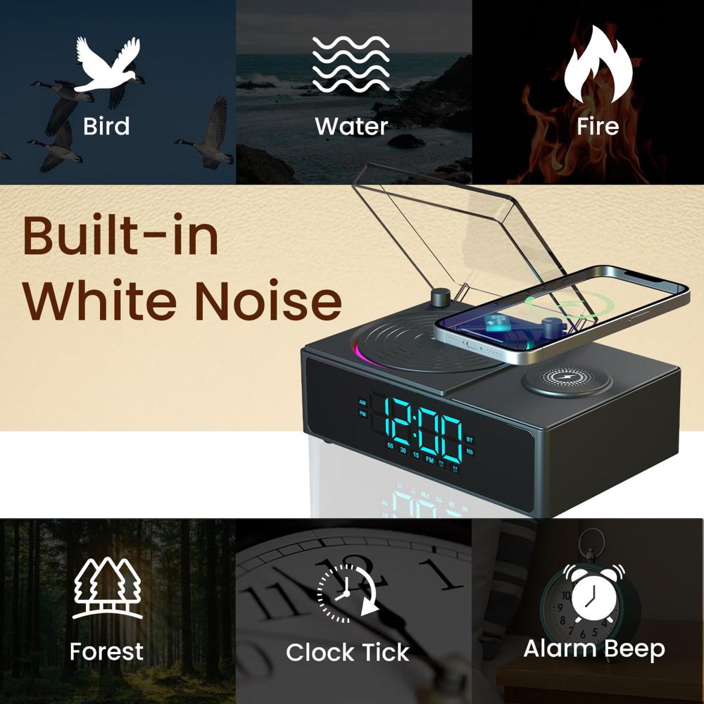 Portronics Soundflow 5W HD Sound Retro Design Bluetooth Speaker,15W Wireless Charging,Digital Clock with Alarm Setting,RGB LED Lights,Built-in White Noise, USB-A/SD Card/AUX in, Type C Charging(Black)