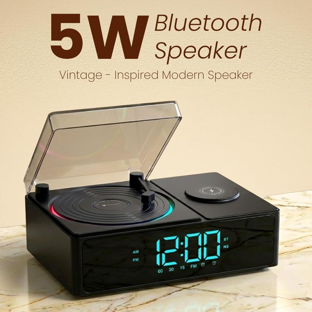 Portronics Soundflow 5W HD Sound Retro Design Bluetooth Speaker,15W Wireless Charging,Digital Clock with Alarm Setting,RGB LED Lights,Built-in White Noise, USB-A/SD Card/AUX in, Type C Charging(Black)