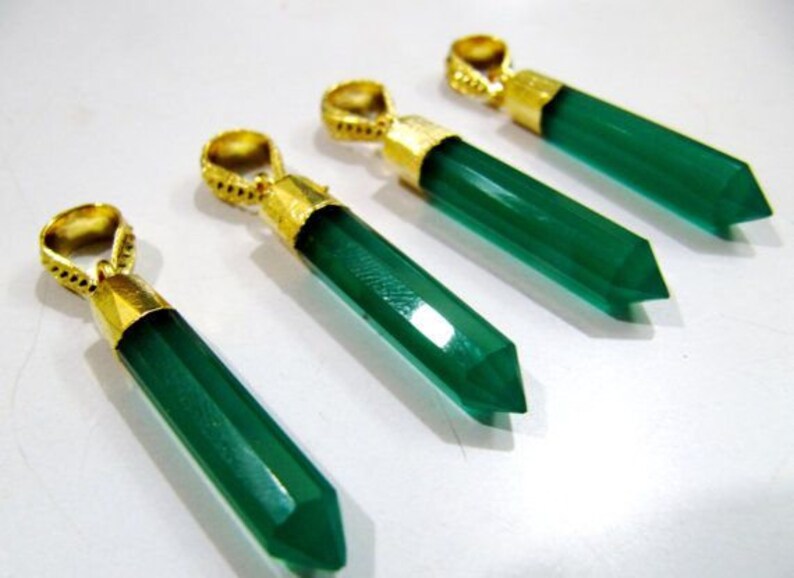 Natural Green Onyx Gemstones Pointed Pencils With 24 Kt Gold Electroplated Cap - Design: Charm
