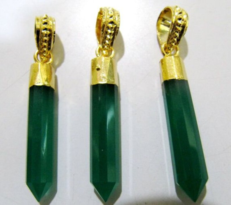 Natural Green Onyx Gemstones Pointed Pencils with 24 Kt Gold Electroplated Cap