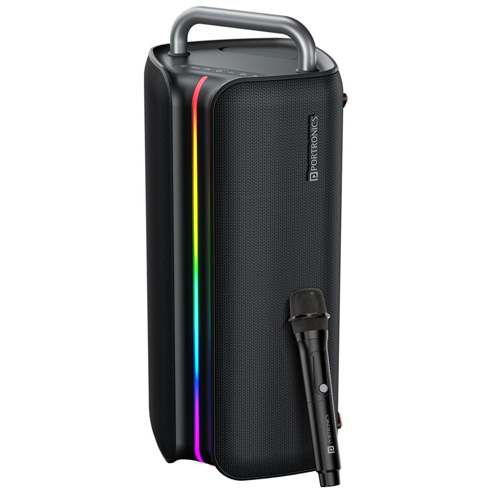 Portronics Nebula X 150W Party Speaker with Wireless Karaoke Mic, 6 Hours Playtime, Bass Boost Technology, TWS Mode, RGB LED Lights, BT V5.3, USB/AUX in, Sturdy Metal Handles, Type C Charging(Black)