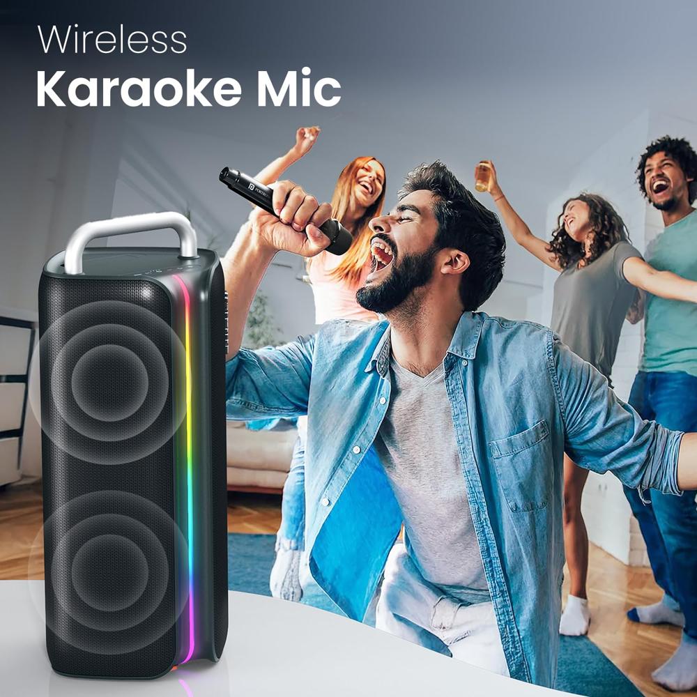 Portronics Nebula X 150W Party Speaker with Wireless Karaoke Mic, 6 Hours Playtime, Bass Boost Technology, TWS Mode, RGB LED Lights, BT V5.3, USB/AUX in, Sturdy Metal Handles, Type C Charging(Black)