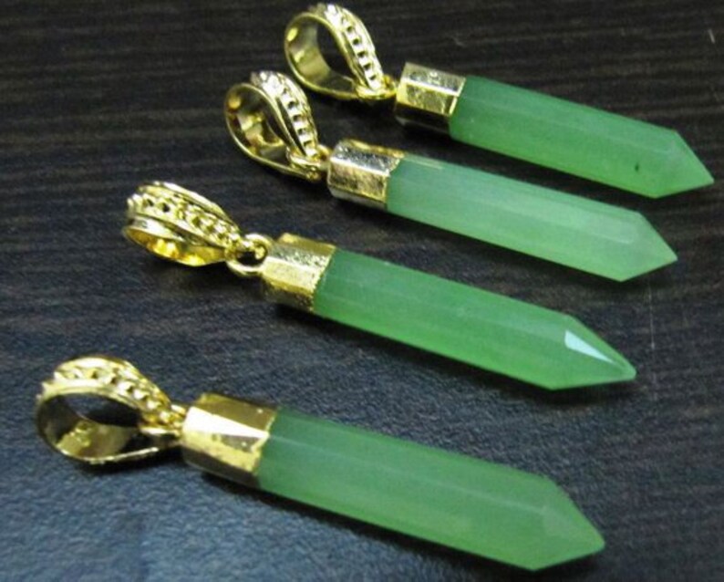 Green Chalcedony Pencil Shape Pointed Charms, 30 To 40mm Gold Electroplated Pendant