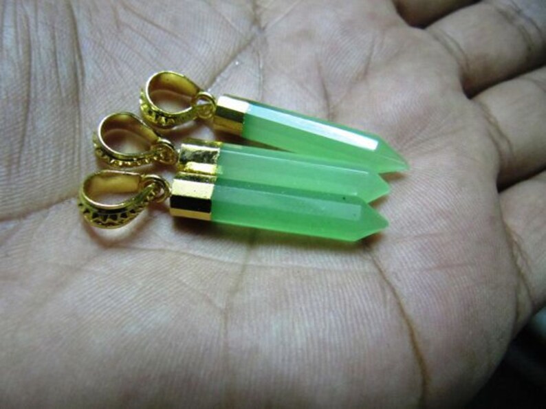 Green Chalcedony Pencil Shape Pointed Charms, 30 To 40mm Gold Electroplated Pendant