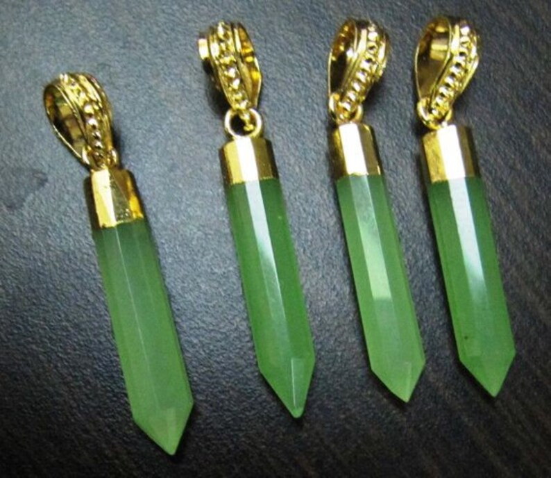 Green Chalcedony Pencil Shape Pointed Charms, 30 To 40mm Gold Electroplated Pendant