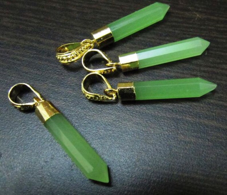Green Chalcedony Pencil Shape Pointed Charms, 30 To 40mm Gold Electroplated Pendant