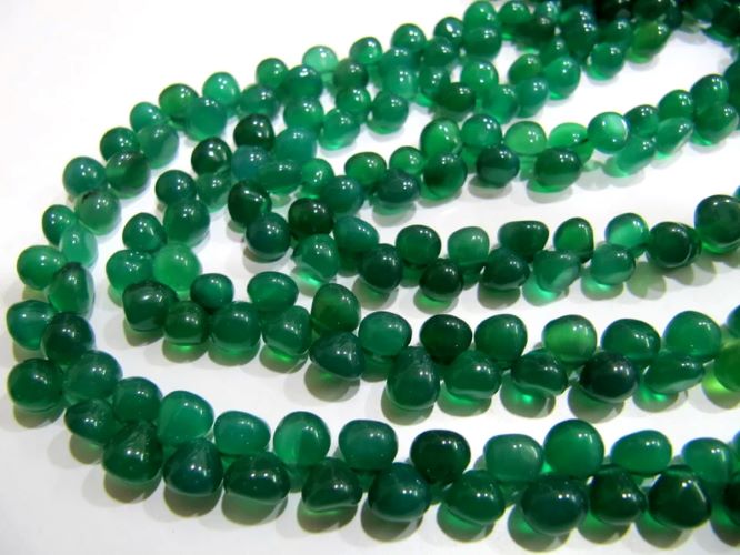 Natural Green Onyx Onion Shape Plain Smooth 6 to 8mm Size Side Drilled Beads Strand 8 Inches Long